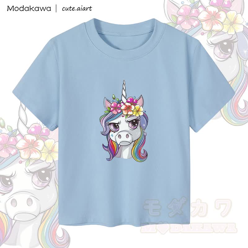 MODAKAWA X cute.aiart Damen-Crop-Top mit Grumpy Unicorn Grafik, 92 % gekämmte Baumwolle - Blau - XL - image 3