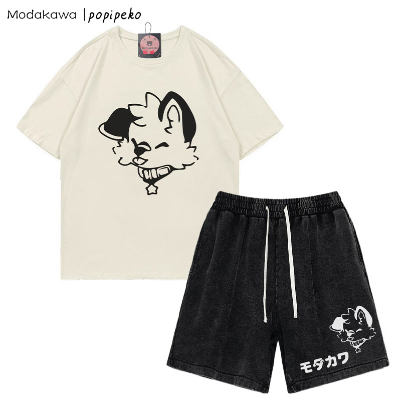 MODAKAWA X popipeko Puppy Letter T-Shirt und Vintage Washed Shorts Zweiteiliges Set - Apricot&Black - 3XL - image 5