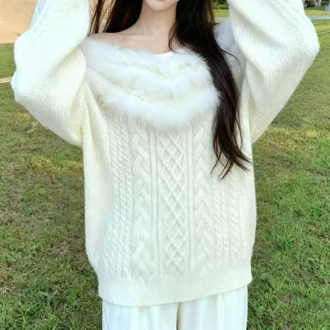 Strickpullover mit schulterfreiem Kragen aus Kunstpelz - image 6