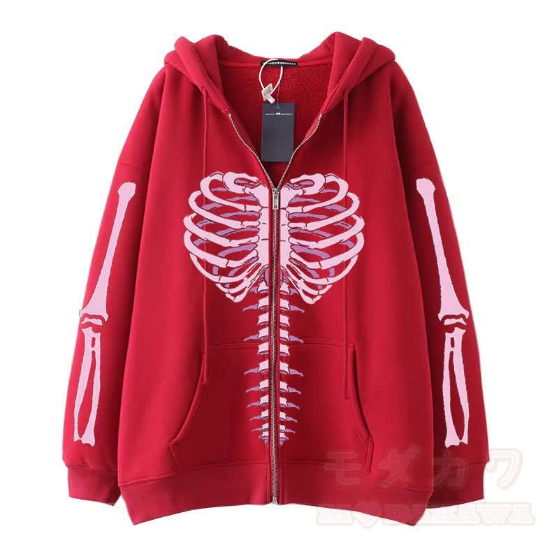 Gothic Oversized Kapuzenpullover mit Skelett-Print und Reißverschluss - Rot - 3XL - image 5