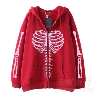 Gothic Oversized Kapuzenpullover mit Skelett-Print und Reißverschluss - Rot - 3XL - image 5
