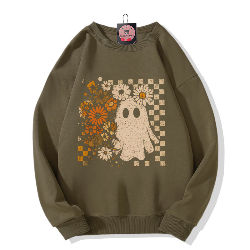 Halloween-Sweatshirt mit Geister- und Blumen-Schachbrettmuster und Rundhalsausschnitt - Dark Khaki - 5XL - image 4