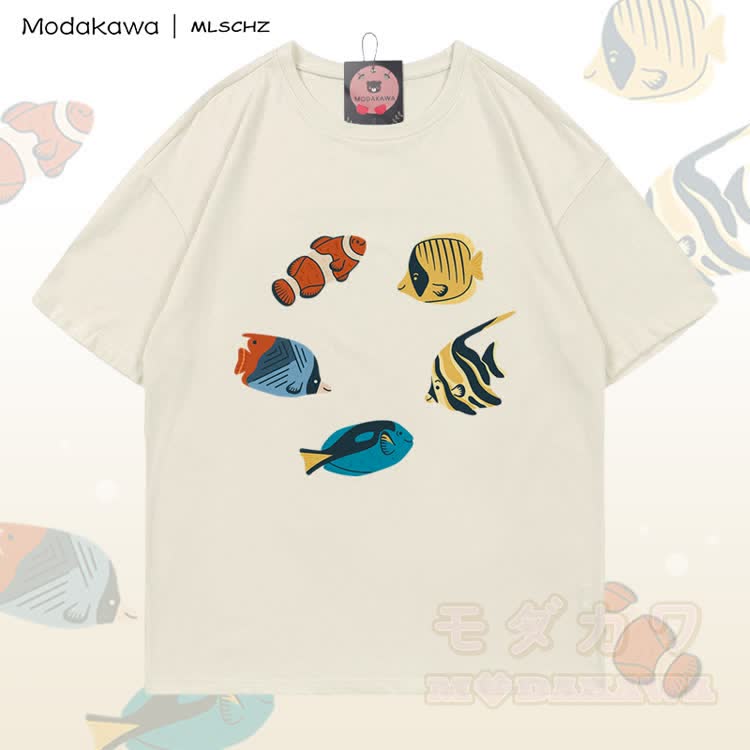 MODAKAWA X MLSCHZ Fischgrafik T-Shirt aus 100 % Baumwolle, passende Shorts mit Farbverlauf - Hellbeiges T-Shirt - 5XL - image 4