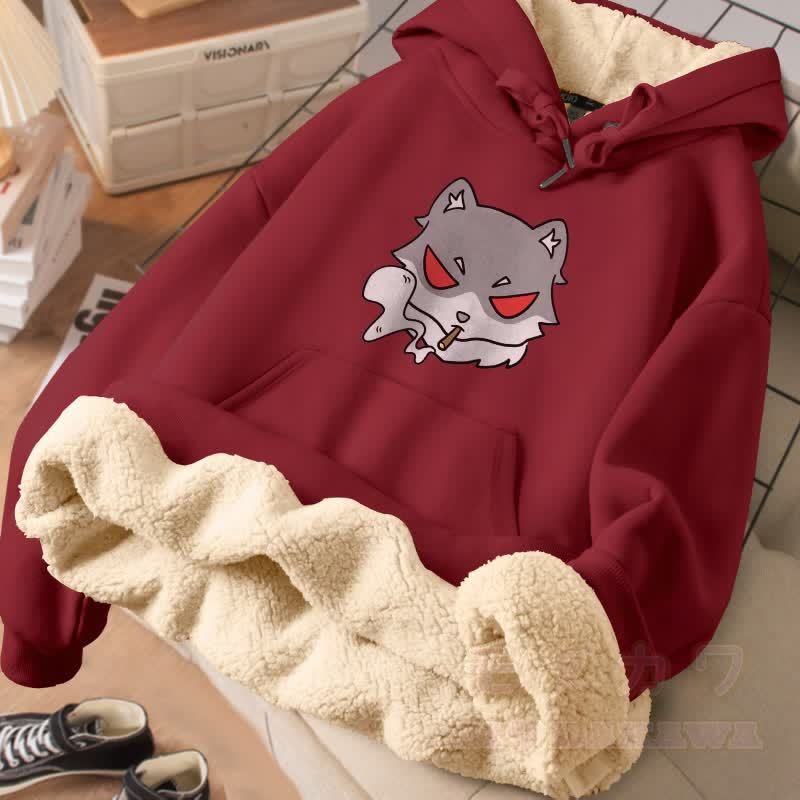 MODAKAWA Winterhoodie mit Raucherwolf-Motiv, dick gefüttert mit Fleece - Weinrot - 2XL - image 4