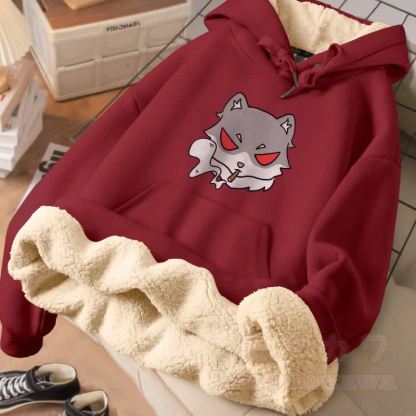 MODAKAWA Winterhoodie mit Raucherwolf-Motiv, dick gefüttert mit Fleece - Weinrot - 2XL - image 4