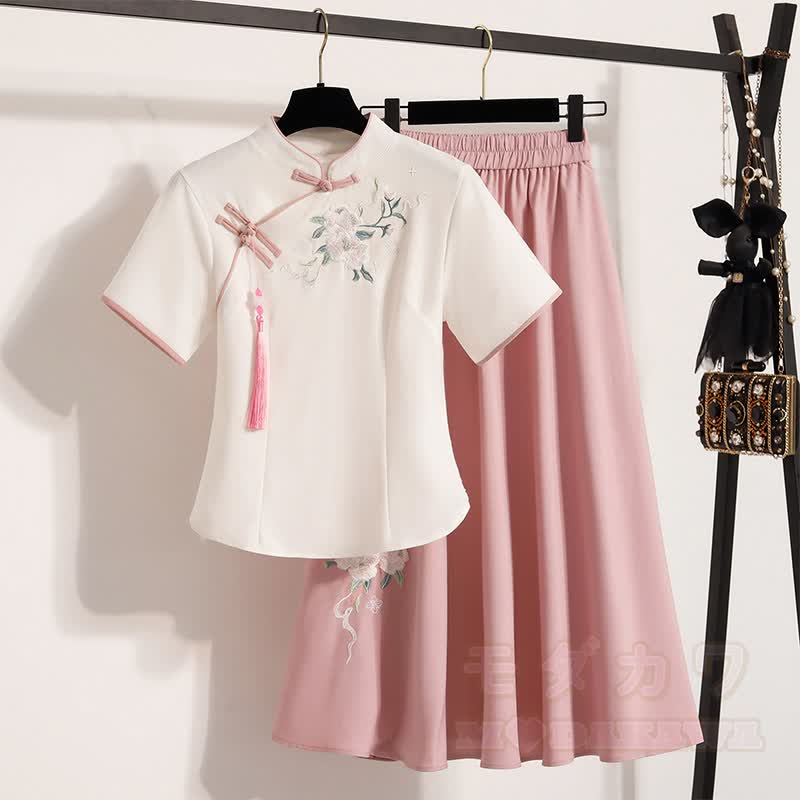 Vintage-besticktes Oberteil und Rock, zweiteiliges Set - Rosa Kurzarm - 4XL - image 5