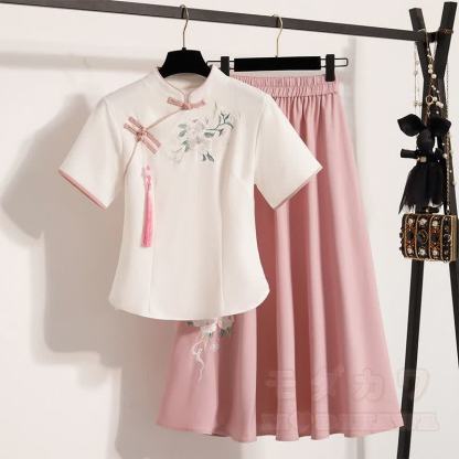 Vintage-besticktes Oberteil und Rock, zweiteiliges Set - Rosa Kurzarm - 4XL - image 5