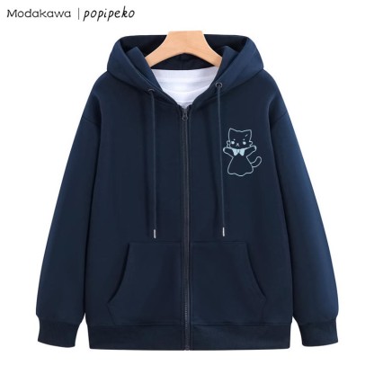 MODAKAWA X popipeko Open Arms Kitty Graphic Zip Up Hoodie Sweatshirt - Purplish Blue - 5XL - image 7