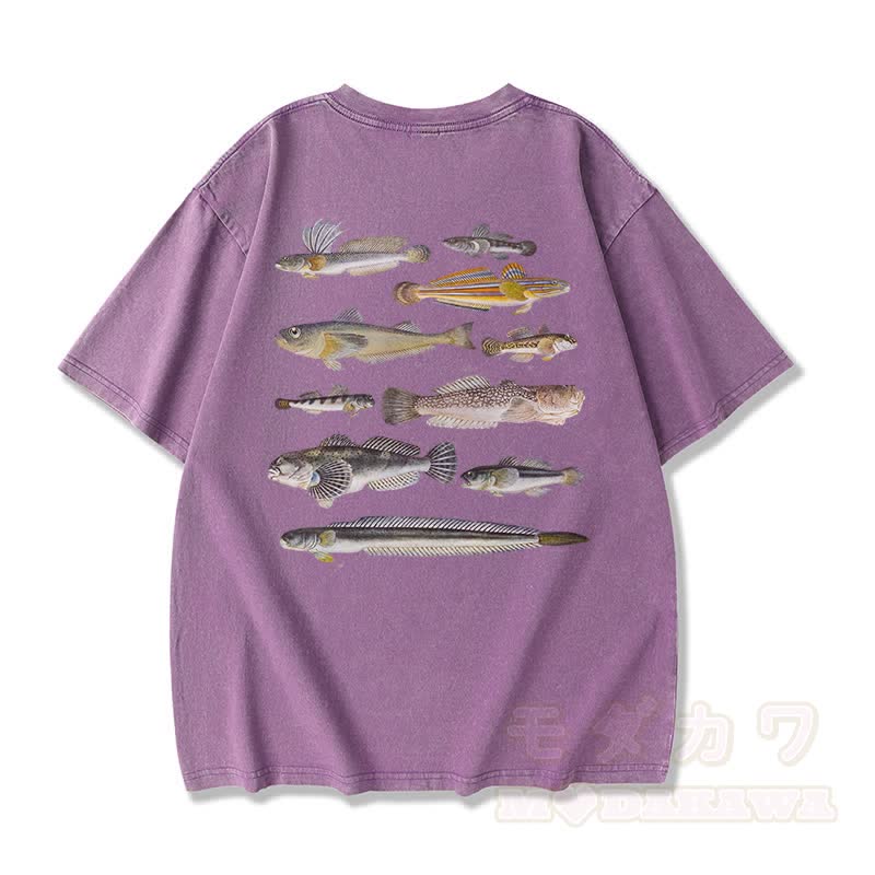 Modakawa Marine Fish Print Washed Loose Oversized Kurzarm-T-Shirt - Lila - 3XL - image 8