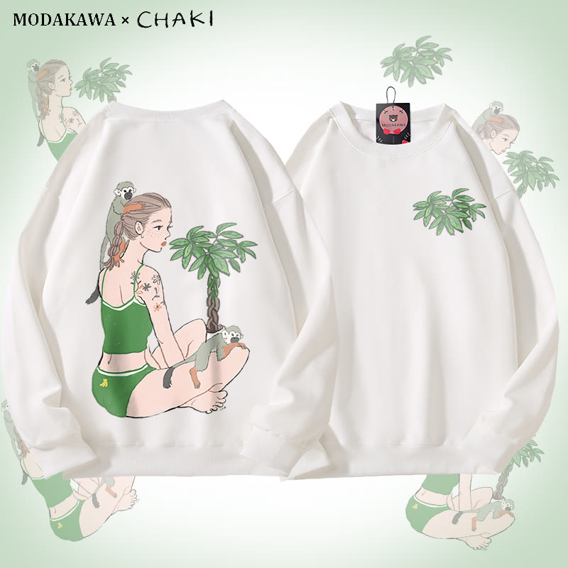 MODAKAWA X chaki Unisex-Sweatshirt mit Mädchen- und Affenmotiv - White - 5XL - image 3