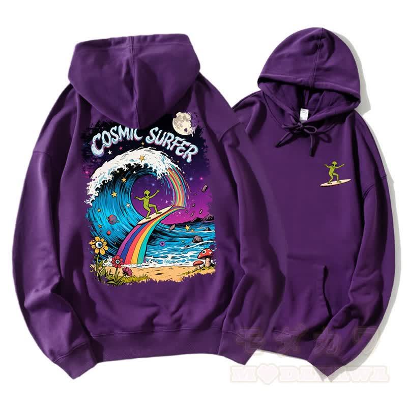 COSMIC SURFER Alien Surfing On Rainbow Wave Graphic Paar Passender Hoodie - Dunkelviolett - 5XL - image 5