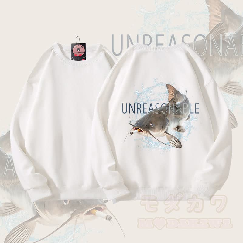 MODAKAWA UNREASONABLE Smoking Catfish Graphic Unisex Sweatshirt - Weiß - 5XL - image 3
