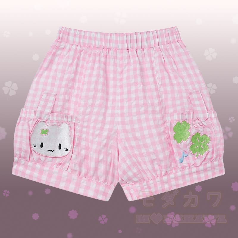 Polka Dot Cat Graphic One Shoulder T-Shirt Kitty Gingham Shorts Modakawa Matching Outfit - Pinke Shorts - L - image 6