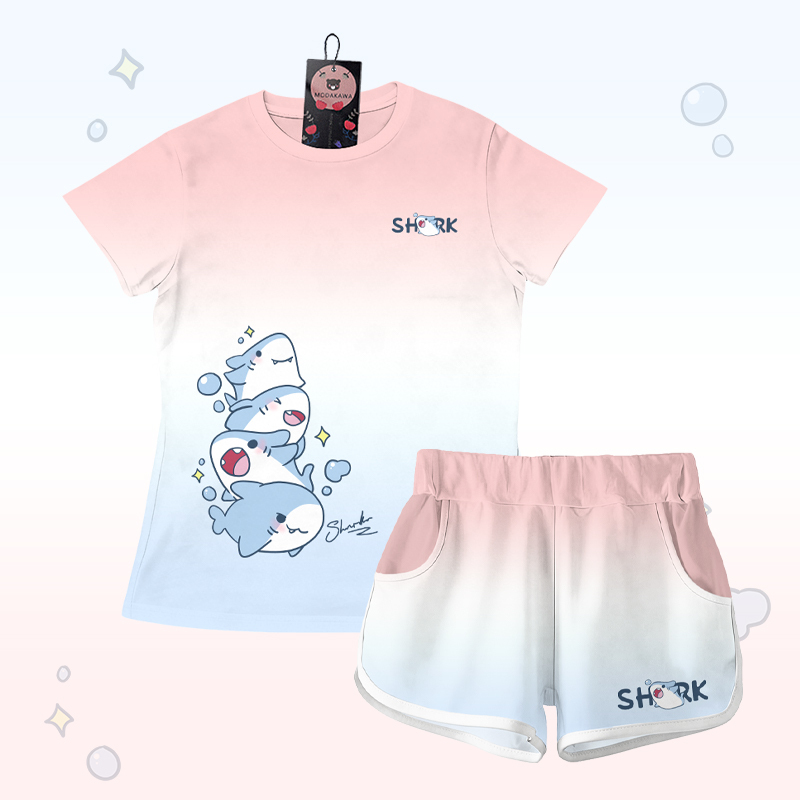 T-Shirt mit Farbverlauf und Hai-Grafik, Shorts mit Buchstabengrafik von Modakawa, passendes Outfit - Pink & Blue Set - 5XL - image 3