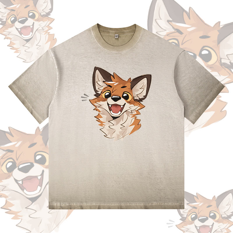 MODAKAWA X atka Cheerful Fox Graphic 100% Cotton Gradient Washed T-Shirt - Khaki - 5XL - image 3
