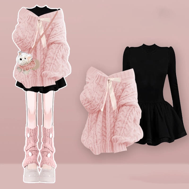 Strickpullover, schwarzes Kleid, passendes Outfit - Pink Set - XL - image 3