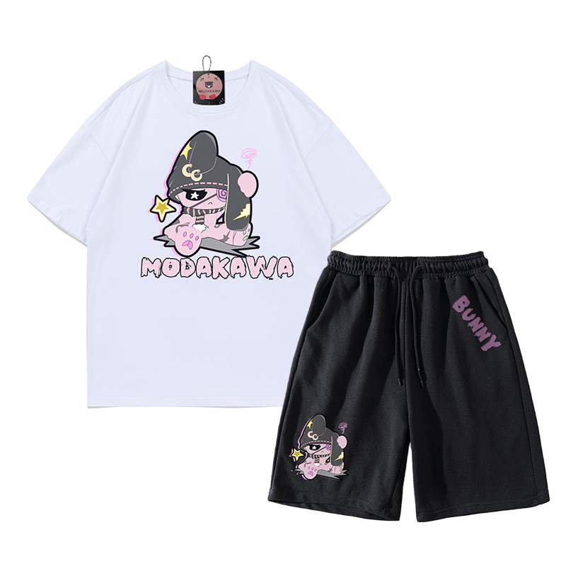 Unhappy Bunny Grafik Dunkle Ästhetik T-Shirt Shorts Zweiteiliges Set - Weiß&Schwarz - A - 5XL - image 10