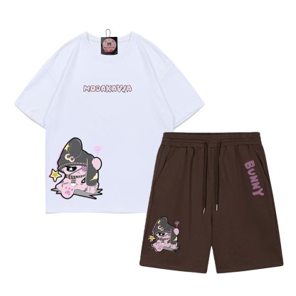 Unhappy Bunny Grafik Dunkle Ästhetik T-Shirt Shorts Zweiteiliges Set - Weiß&Braun - B - 5XL - image 8