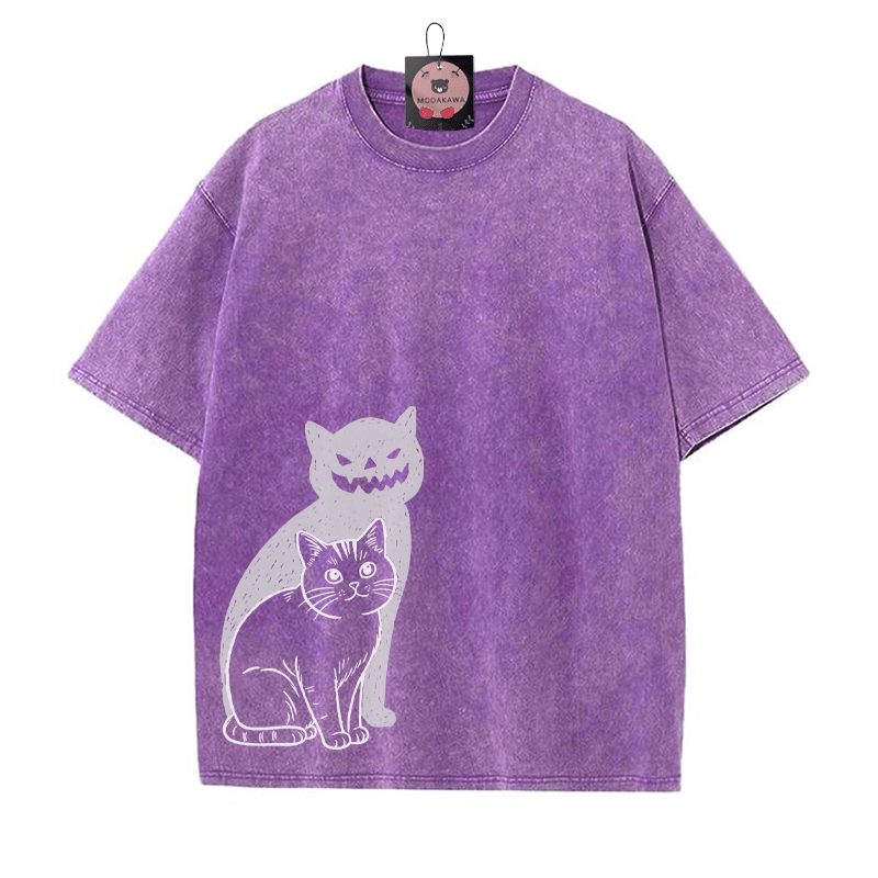 Katze Kürbis Schatten Halloween Grafik Unisex Vintage Washed T-Shirt - Lila - 5XL - image 6