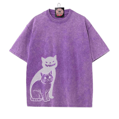 Katze Kürbis Schatten Halloween Grafik Unisex Vintage Washed T-Shirt - Lila - 5XL - image 6