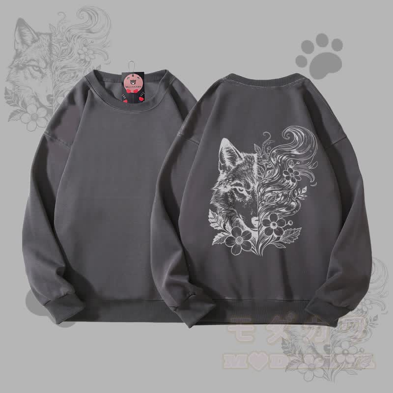 MODAKAWA Unisex-Sweatshirt mit Blumen- und Wolfsmotiv - Dunkelgrau - 5XL - image 3