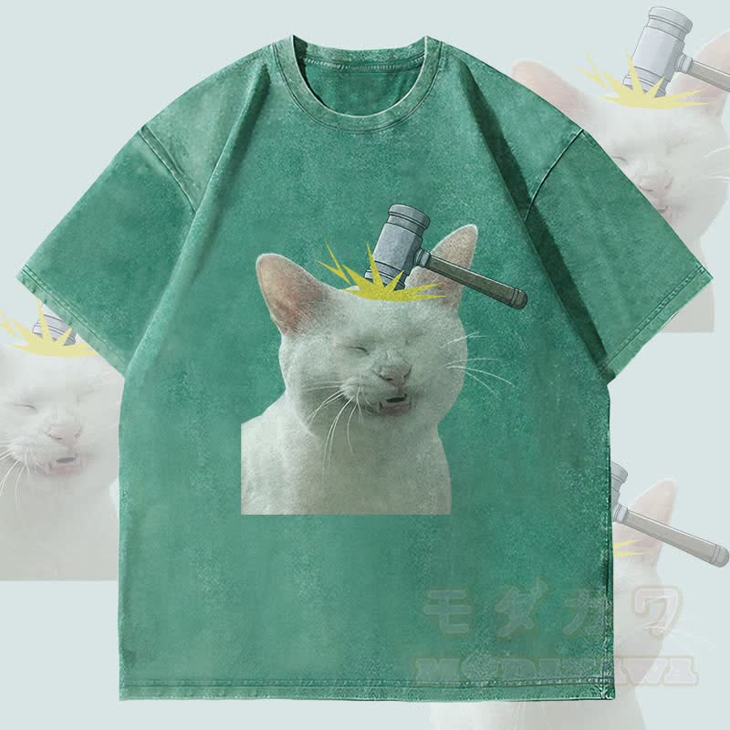 MODAKAWA Unisex-T-Shirt mit Bonked Cat-Motiv im Vintage-Stil - Grün - 4XL - image 3