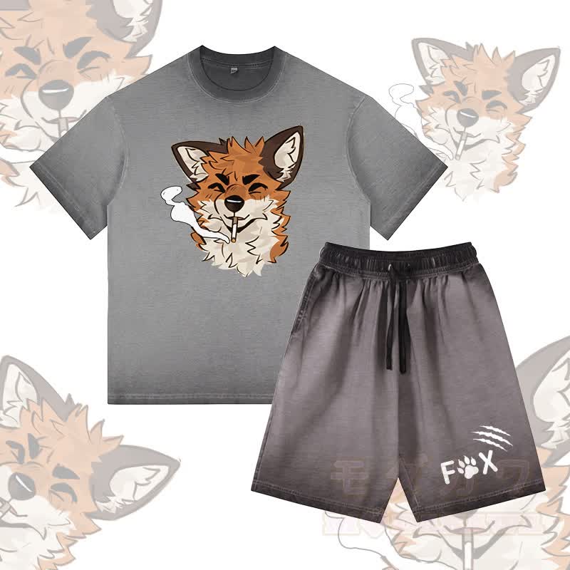 MODAKAWA X atka Smoking Fox Graphic Vintage Washed T-Shirt FOX Letter Graphic Shorts Gradient Two Pieces Set - Grau - 5XL - image 3