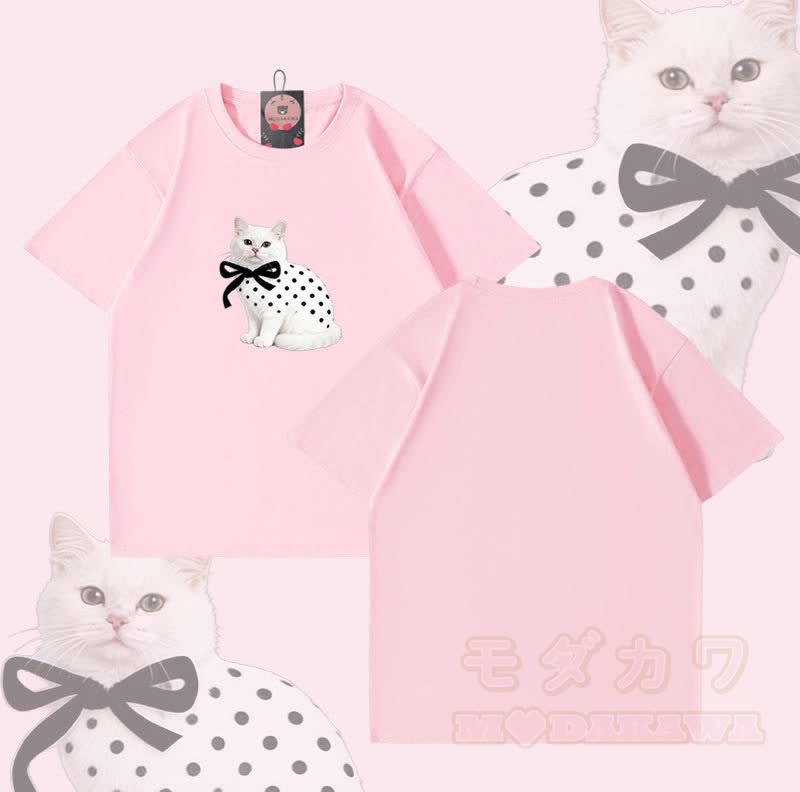Modakawa T-Shirt aus 100 % Baumwolle mit Katzenmotiv und Polka-Dots - Rosa - 5XL - image 4