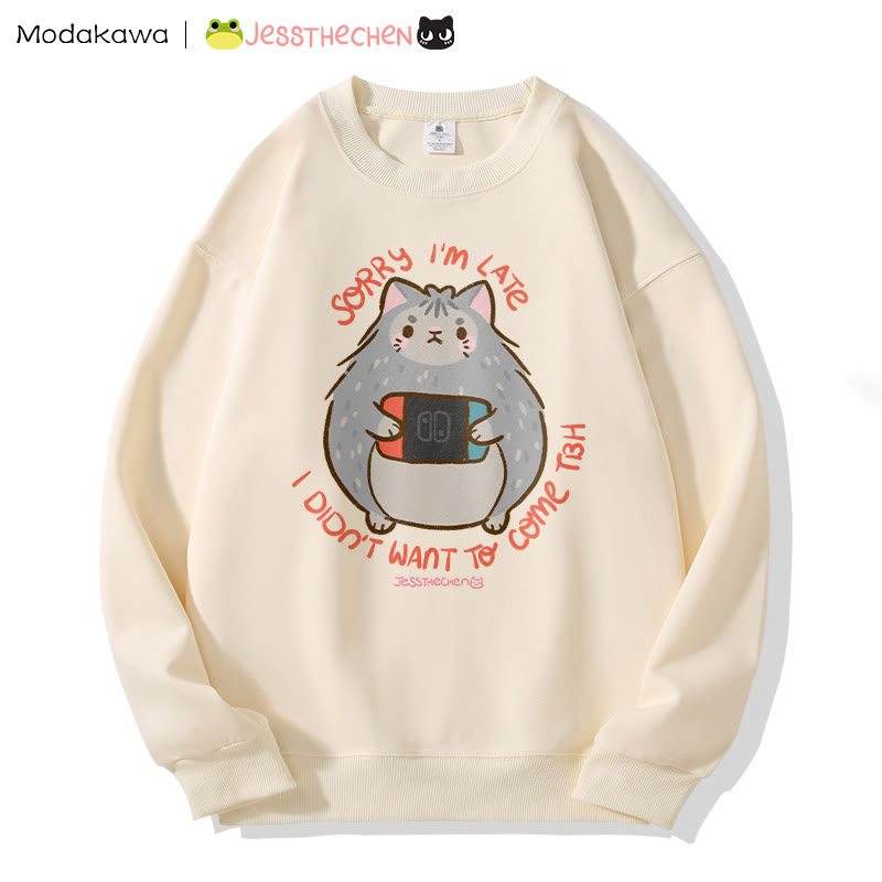 MODAKAWA X jessthechen SORRY I 'M LATE I DIDN'T WANT TO COME TBH Kitty Graphic Sweatshirt - Apricot - 5XL - image 5