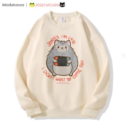 MODAKAWA X jessthechen SORRY I 'M LATE I DIDN'T WANT TO COME TBH Kitty Graphic Sweatshirt - Apricot - 5XL - image 5