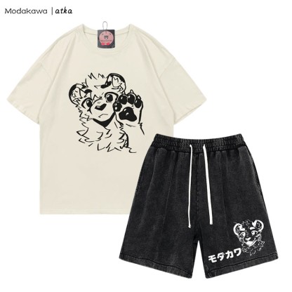 MODAKAWA X atka T-Shirt mit Tiger-Print, Vintage-Shorts, zweiteiliges Set - Beige&Black - 3XL - image 3
