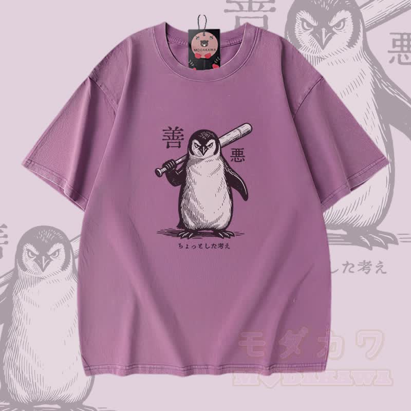Modakawa Vintage-T-Shirt aus 100 % Baumwolle mit Pinguin-Baseballschläger-Motiv, gewaschen - Lila - 5XL - image 4