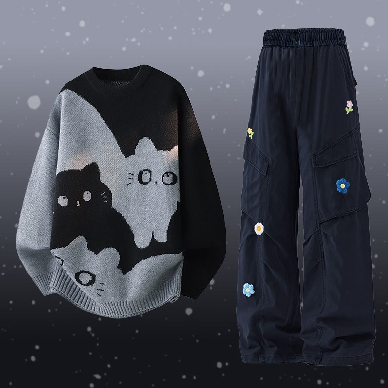 Zweiteiler mit Katzenmotiv, Strickpullover und Blumen-Cargohose - Set D - 2XL - image 4