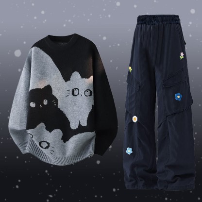 Zweiteiler mit Katzenmotiv, Strickpullover und Blumen-Cargohose - Set D - 2XL - image 4