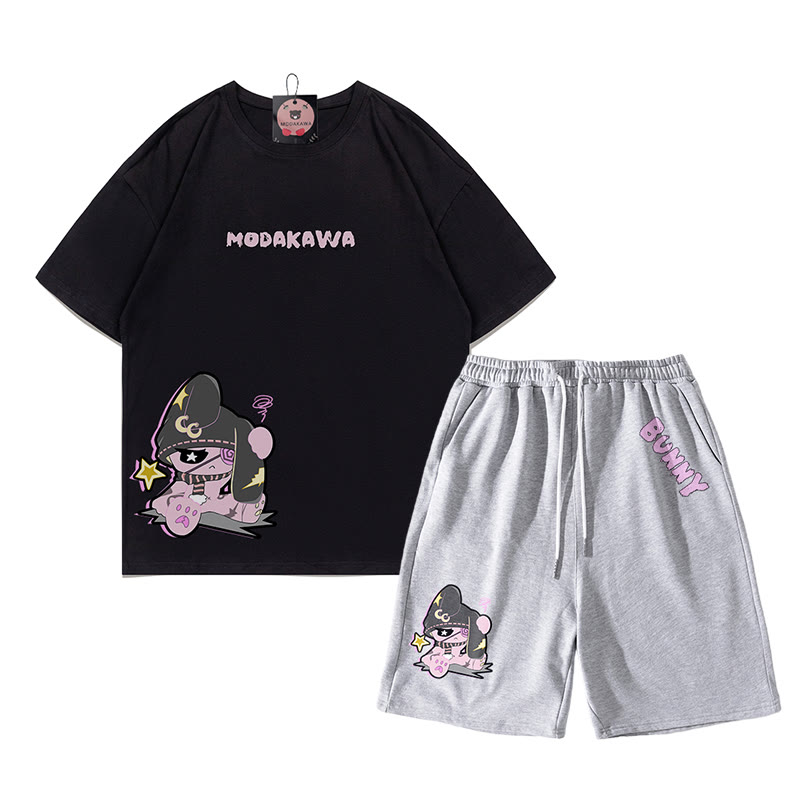 Unhappy Bunny Grafik Dunkle Ästhetik T-Shirt Shorts Zweiteiliges Set - Schwarz&Grau - B - 5XL - image 17
