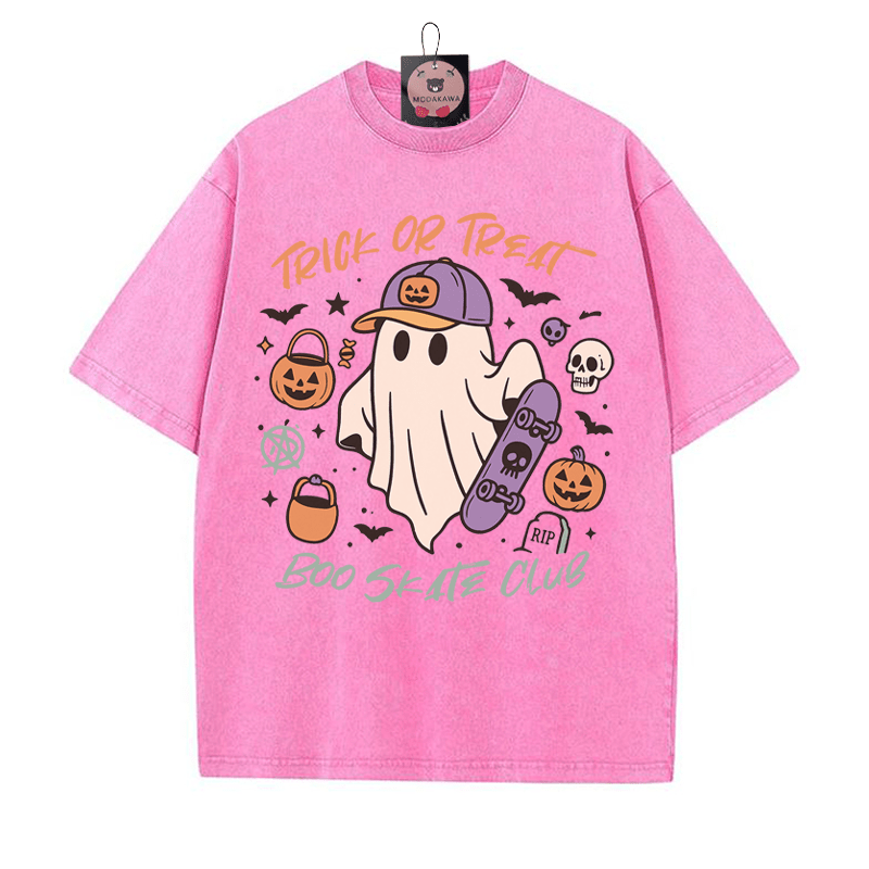 TRICK OR TREAT BOO SKATE CLUB Skateboarding Ghost Grafik Unisex Vintage gewaschenes T-Shirt - Rosenrot - 5XL - image 3