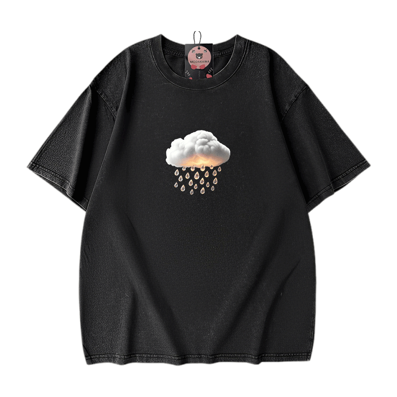 Modakawa Unisex Vintage Washed T-Shirt mit Wolkenregen-Grafik - Black - 5XL - image 5