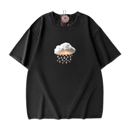 Modakawa Unisex Vintage Washed T-Shirt mit Wolkenregen-Grafik - Black - 5XL - image 5