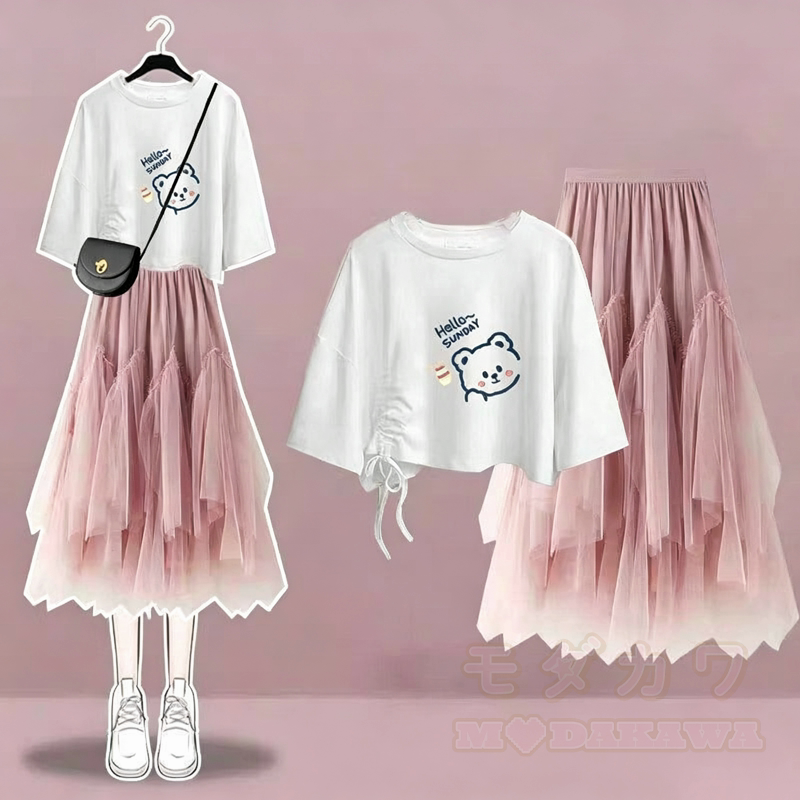 Zweiteiliges Set aus bedrucktem Kurzarm-T-Shirt im College-Stil und asymmetrischem Tüllrock - Pinkes Set E - XL - image 10