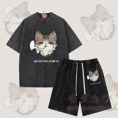MODAKAWA Smoking Cat Grafik Vintage Washed T-Shirt Shorts Zweiteiliges Set - Schwarz - 3XL - image 3