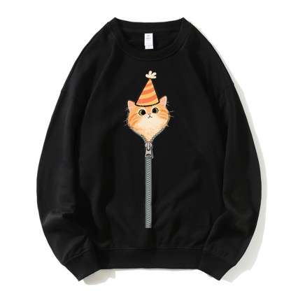 Partykatze, die aus dem Sweatshirt mit Reißverschluss und rundem Kragen guckt - Schwarz - 5XL - image 4