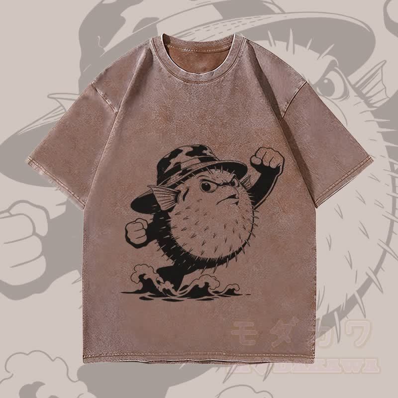 MODAKAWA Unisex-T-Shirt mit wütendem Kugelfisch-Motiv im Vintage-Stil - Braun - 4XL - image 3