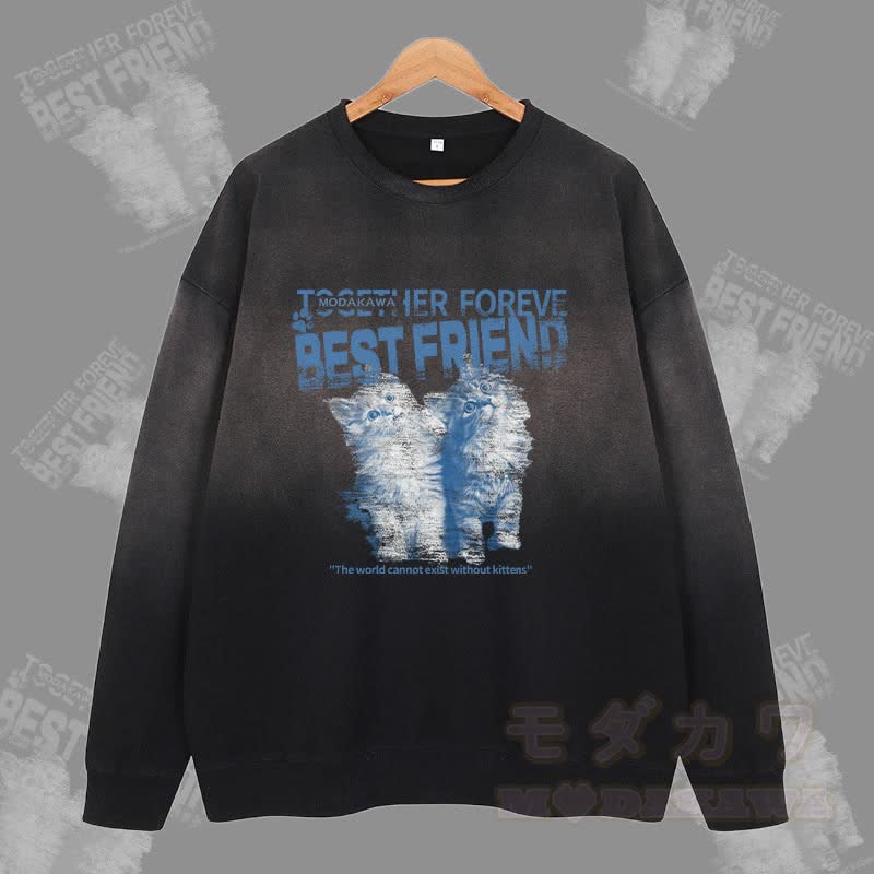 MODAKAWA BEST FRIEND Katzen-Sweatshirt mit Vintage-Waschung und Farbverlauf, Unisex - Schwarz - 2XL - image 3