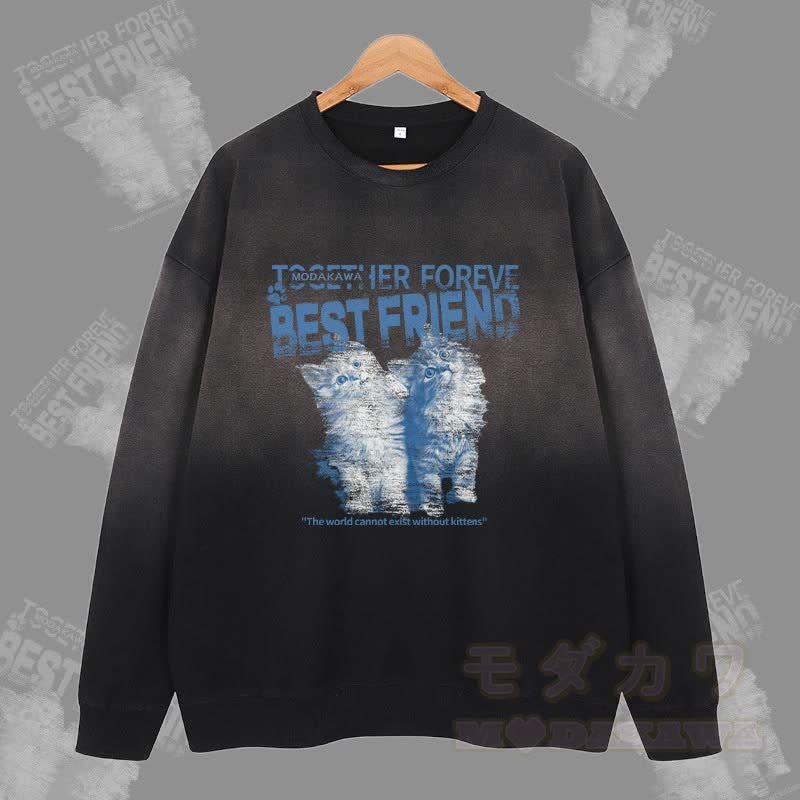 MODAKAWA BEST FRIEND Katzen-Sweatshirt mit Vintage-Waschung und Farbverlauf, Unisex - Schwarz - 2XL - image 3