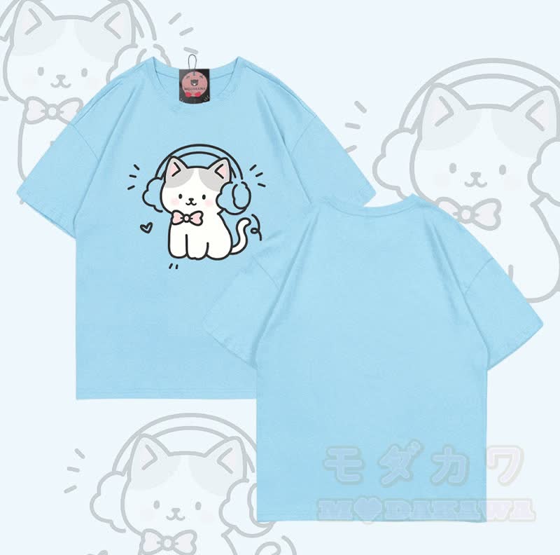 Modakawa T-Shirt mit Musikkatzen-Motiv aus 100 % Baumwolle - Himmelblau - 5XL - image 7