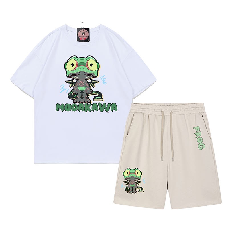Lustiges T-Shirt mit Frosch-Grafik und dunkler Ästhetik, zweiteiliges Set - Weiß&Aprikose - A - 5XL - image 7