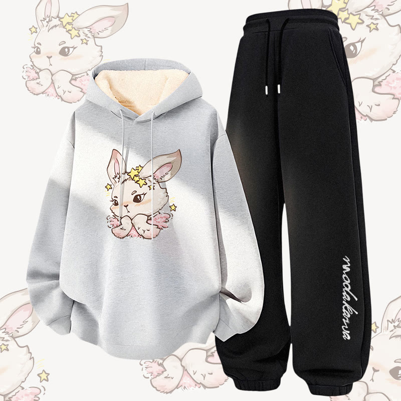 MODAKAWA Star Bunny Graphic Zweiteiliges Set aus dick gefüttertem Hoodie und Hose mit Fleece-Futter - Grey&Black - 5XL - image 2