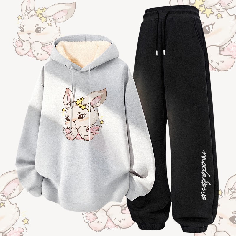 MODAKAWA Star Bunny Graphic Zweiteiliges Set aus dick gefüttertem Hoodie und Hose mit Fleece-Futter - Grey&Black - 5XL - image 2