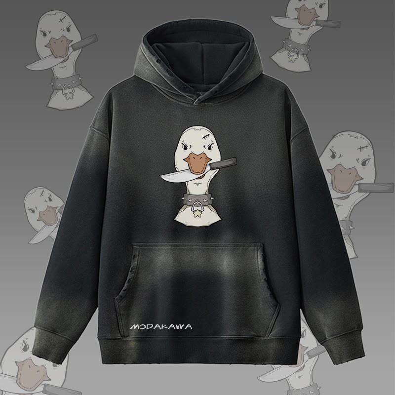 MODAKAWA Kapuzenpullover mit Gans-und-Messer-Motiv im Vintage-Look, gefüttert mit Fleece - Black - 2XL - image 3
