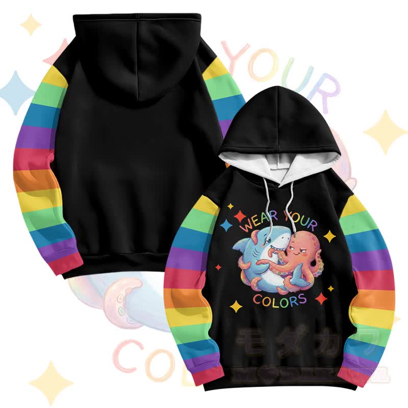 Zeig deine Farben! Modakawa Pullover-Hoodie mit Regenbogenhai- und Oktopus-Motiv - Schwarz - 6XL - image 3